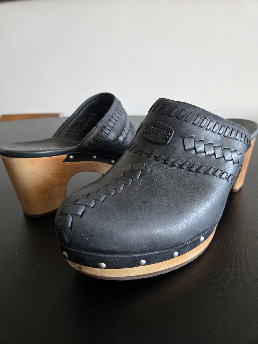 UGG Australia Vivica Black Woven Leather Studded Wooden Heel Clogs 9